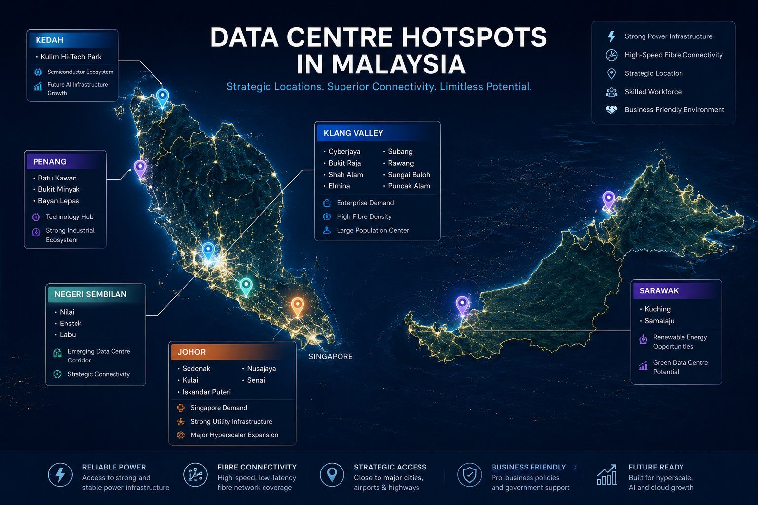 Map of Malaysian land and data centre hotspots across Johor and the Klang Valley
