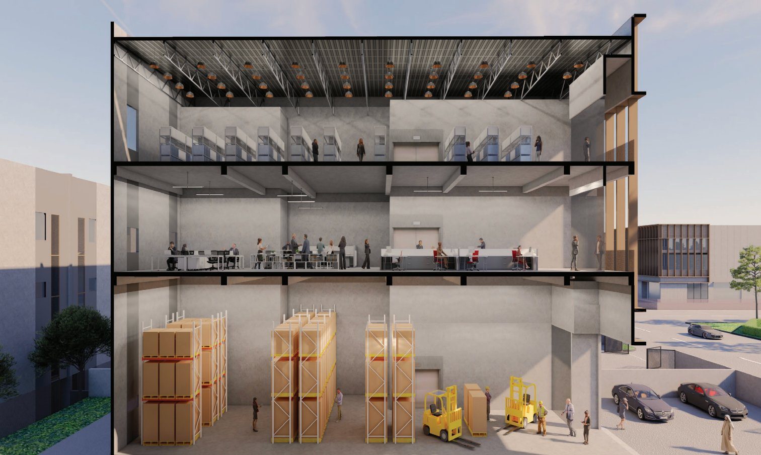 3-Storey Semi-Detached Factory Cross-Section — Ground Floor Warehouse 8.3m, 1st Floor Office, 2nd Floor Production
